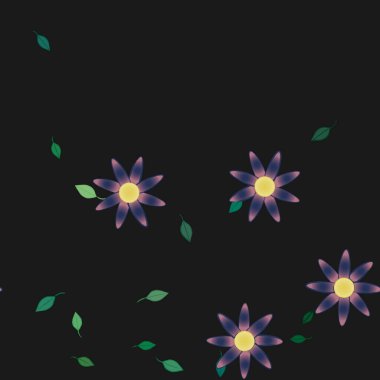 basit renkli çiçekleri olan serbest kompozisyon ve duvar kağıdı için yeşil yapraklar, vektör illüstrasyonu