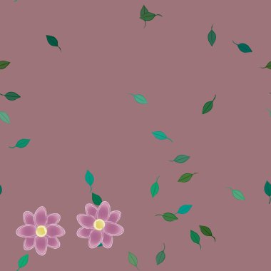 basit renkli çiçekleri olan serbest kompozisyon ve duvar kağıdı için yeşil yapraklar, vektör illüstrasyonu