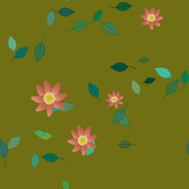 Serbest kompozisyonda yeşil yapraklı basit çiçekler, vektör illüstrasyonu