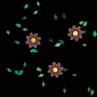 Serbest kompozisyonda yeşil yapraklı basit çiçekler, vektör illüstrasyonu