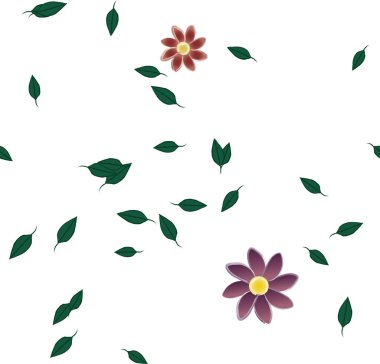 basit renkli çiçekleri olan serbest kompozisyon ve duvar kağıdı için yeşil yapraklar, vektör illüstrasyonu