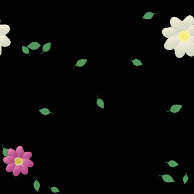 Serbest kompozisyonda yeşil yapraklı basit çiçekler, vektör illüstrasyonu