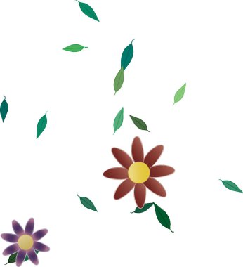 basit renkli çiçekleri olan serbest kompozisyon ve duvar kağıdı için yeşil yapraklar, vektör illüstrasyonu