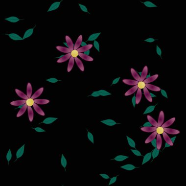 basit renkli çiçekleri olan serbest kompozisyon ve duvar kağıdı için yeşil yapraklar, vektör illüstrasyonu