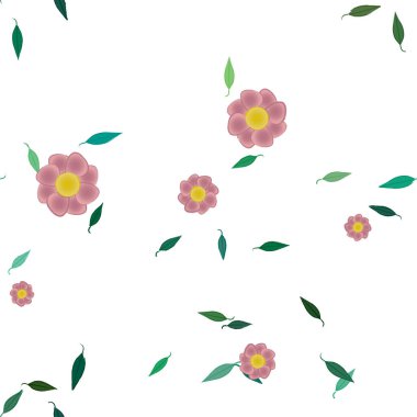 Basit çiçek ve yeşil yapraklı tasarım kompozisyonu, vektör illüstrasyonu