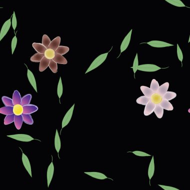 Serbest kompozisyonda yeşil yapraklı basit çiçekler, vektör illüstrasyonu