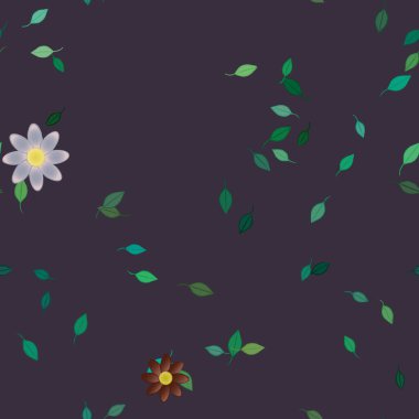 basit renkli çiçekleri olan serbest kompozisyon ve duvar kağıdı için yeşil yapraklar, vektör illüstrasyonu