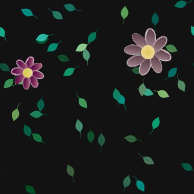 basit renkli çiçekleri olan serbest kompozisyon ve duvar kağıdı için yeşil yapraklar, vektör illüstrasyonu