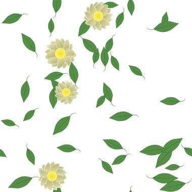 Basit renkli çiçekleri ve arka planda yeşil yaprakları olan güzel kompozisyon, vektör illüstrasyonu