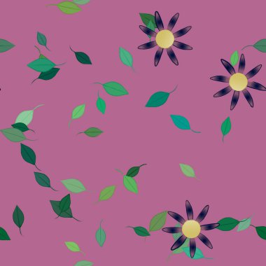 Basit renkli çiçekleri ve arka planda yeşil yaprakları olan güzel kompozisyon, vektör illüstrasyonu