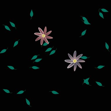 basit renkli çiçekleri olan serbest kompozisyon ve duvar kağıdı için yeşil yapraklar, vektör illüstrasyonu