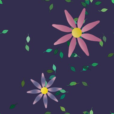 basit renkli çiçekleri olan serbest kompozisyon ve duvar kağıdı için yeşil yapraklar, vektör illüstrasyonu