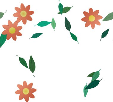 Serbest kompozisyonda yeşil yapraklı basit çiçekler, vektör illüstrasyonu