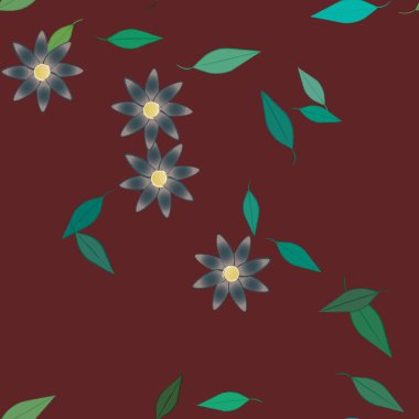 Basit renkli çiçekleri ve arka planda yeşil yaprakları olan güzel kompozisyon, vektör illüstrasyonu