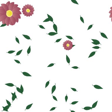 Serbest kompozisyonda yeşil yapraklı basit çiçekler, vektör illüstrasyonu