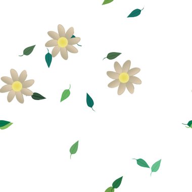 Basit renkli çiçekleri ve arka planda yeşil yaprakları olan güzel kompozisyon, vektör illüstrasyonu