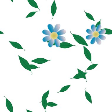 basit renkli çiçekleri olan serbest kompozisyon ve duvar kağıdı için yeşil yapraklar, vektör illüstrasyonu