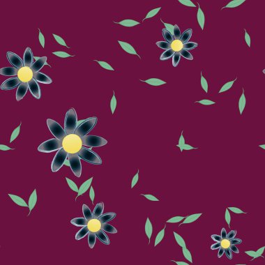 Basit renkli çiçekleri ve arka planda yeşil yaprakları olan güzel kompozisyon, vektör illüstrasyonu