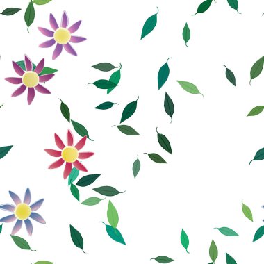 Basit renkli çiçekleri ve arka planda yeşil yaprakları olan güzel kompozisyon, vektör illüstrasyonu