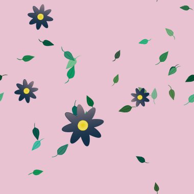 Basit renkli çiçekleri ve arka planda yeşil yaprakları olan güzel kompozisyon, vektör illüstrasyonu