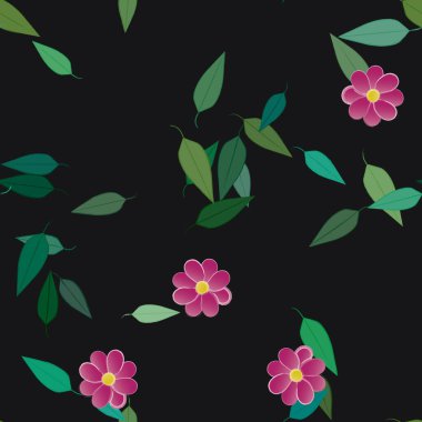 Serbest kompozisyonda yeşil yapraklı basit çiçekler, vektör illüstrasyonu