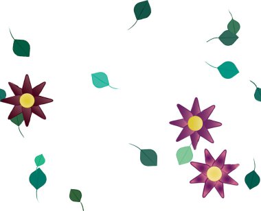 Basit renkli çiçekleri ve arka planda yeşil yaprakları olan güzel kompozisyon, vektör illüstrasyonu