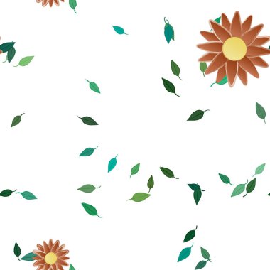 Basit renkli çiçekleri ve arka planda yeşil yaprakları olan güzel kompozisyon, vektör illüstrasyonu