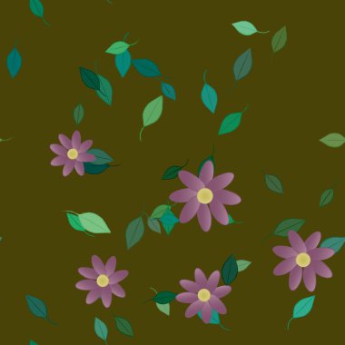 Basit renkli çiçekleri ve arka planda yeşil yaprakları olan güzel kompozisyon, vektör illüstrasyonu