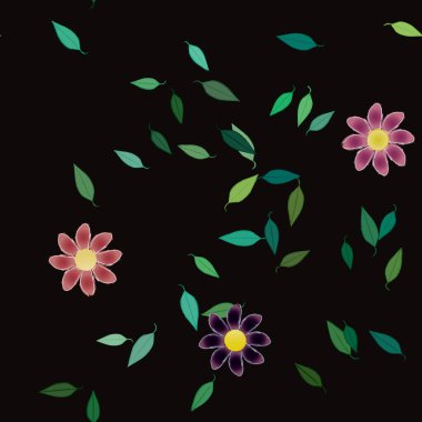 basit renkli çiçekleri olan serbest kompozisyon ve duvar kağıdı için yeşil yapraklar, vektör illüstrasyonu