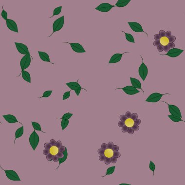 Basit renkli çiçekleri ve arka planda yeşil yaprakları olan güzel kompozisyon, vektör illüstrasyonu