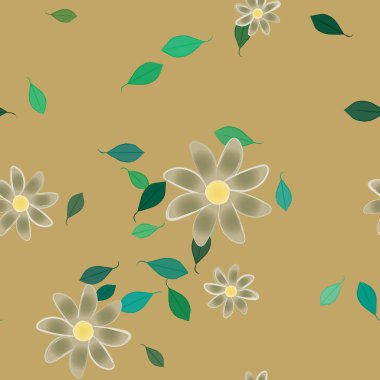 Serbest kompozisyonda yeşil yapraklı basit çiçekler, vektör illüstrasyonu