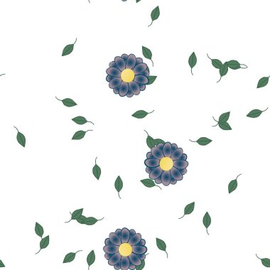 basit renkli çiçekleri olan serbest kompozisyon ve duvar kağıdı için yeşil yapraklar, vektör illüstrasyonu