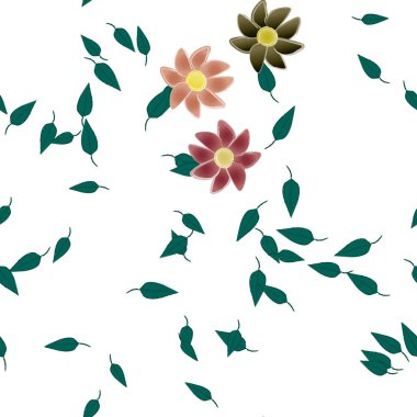 Serbest kompozisyonda yeşil yapraklı basit çiçekler, vektör illüstrasyonu