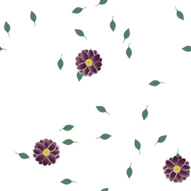 basit renkli çiçekleri olan serbest kompozisyon ve duvar kağıdı için yeşil yapraklar, vektör illüstrasyonu