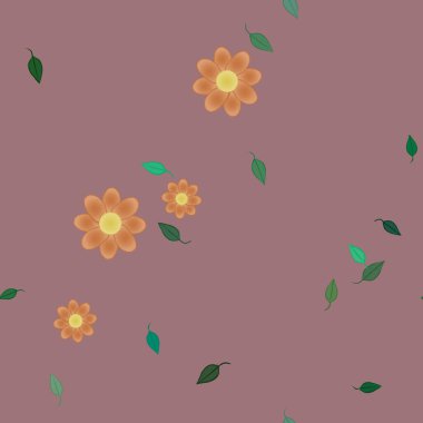 Basit renkli çiçekleri ve arka planda yeşil yaprakları olan güzel kompozisyon, vektör illüstrasyonu