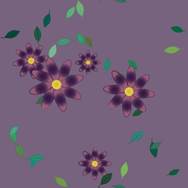 basit renkli çiçekleri olan serbest kompozisyon ve duvar kağıdı için yeşil yapraklar, vektör illüstrasyonu