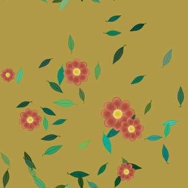 Basit renkli çiçekleri ve arka planda yeşil yaprakları olan güzel kompozisyon, vektör illüstrasyonu