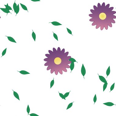 basit renkli çiçekleri olan serbest kompozisyon ve duvar kağıdı için yeşil yapraklar, vektör illüstrasyonu