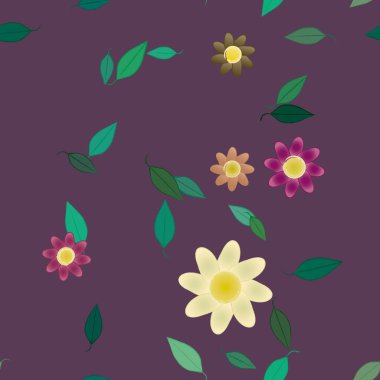 Serbest kompozisyonda yeşil yapraklı basit çiçekler, vektör illüstrasyonu