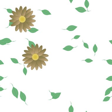 Basit renkli çiçekleri ve arka planda yeşil yaprakları olan güzel kompozisyon, vektör illüstrasyonu