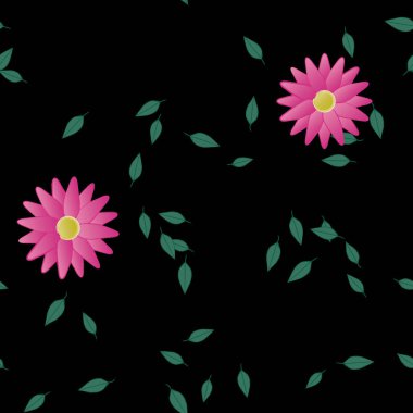 Basit renkli çiçekleri ve arka planda yeşil yaprakları olan güzel kompozisyon, vektör illüstrasyonu