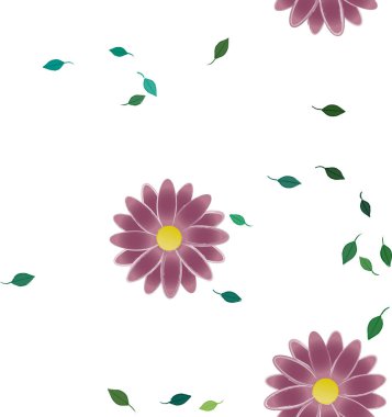 basit renkli çiçekleri olan serbest kompozisyon ve duvar kağıdı için yeşil yapraklar, vektör illüstrasyonu