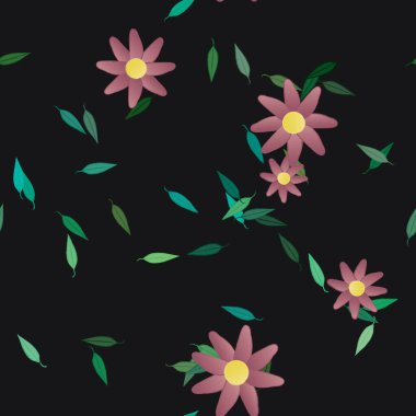 Basit çiçek ve yeşil yapraklı tasarım kompozisyonu, vektör illüstrasyonu