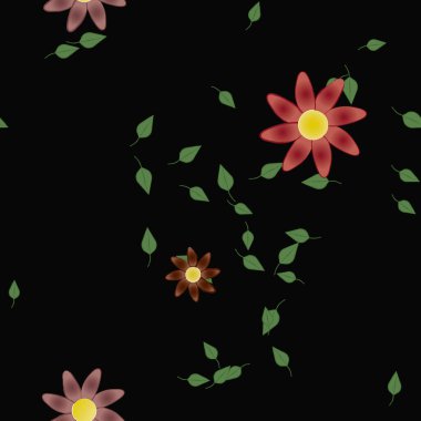 Basit renkli çiçekleri ve arka planda yeşil yaprakları olan güzel kompozisyon, vektör illüstrasyonu