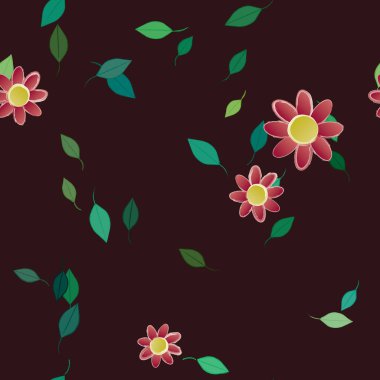 Basit çiçek ve yeşil yapraklı tasarım kompozisyonu, vektör illüstrasyonu