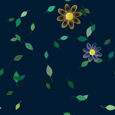 basit renkli çiçekleri olan serbest kompozisyon ve duvar kağıdı için yeşil yapraklar, vektör illüstrasyonu