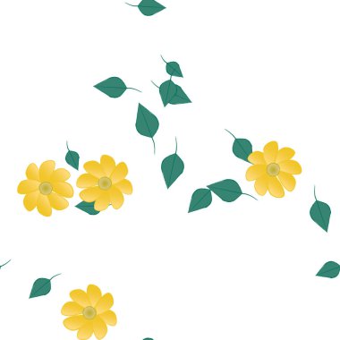 basit renkli çiçekleri olan serbest kompozisyon ve duvar kağıdı için yeşil yapraklar, vektör illüstrasyonu