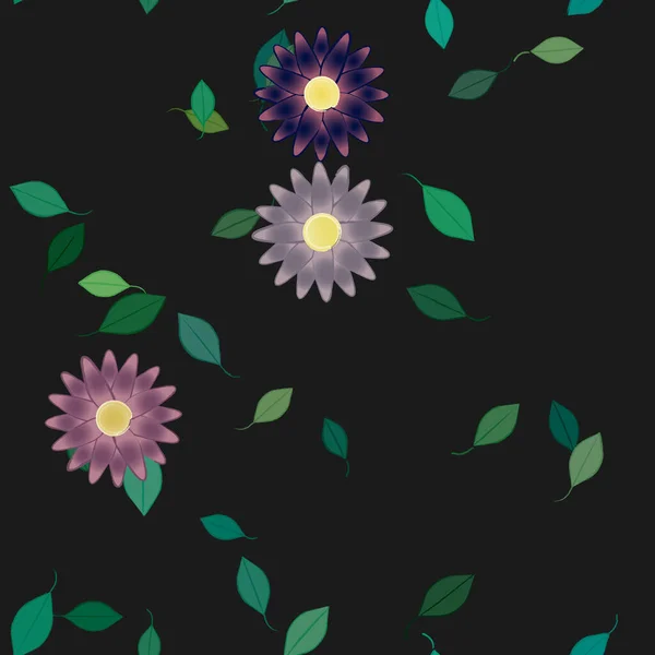 Mooie Compositie Met Eenvoudige Gekleurde Bloemen Groene Bladeren Achtergrond Vector — Stockvector
