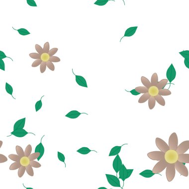 basit renkli çiçekleri olan serbest kompozisyon ve duvar kağıdı için yeşil yapraklar, vektör illüstrasyonu