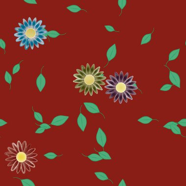 Basit renkli çiçekler ve yeşil yapraklı vektör şablonu